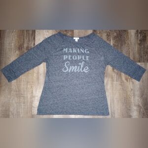 Old Navy Blue Long Sleeve Tee with Positive Message "Making People Smile",Size L